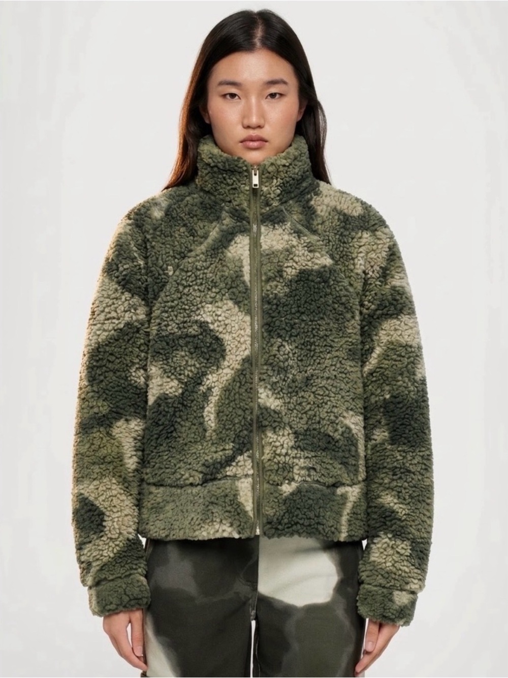 Hollister Green Camo Teddy Sherpa Zip Jacket